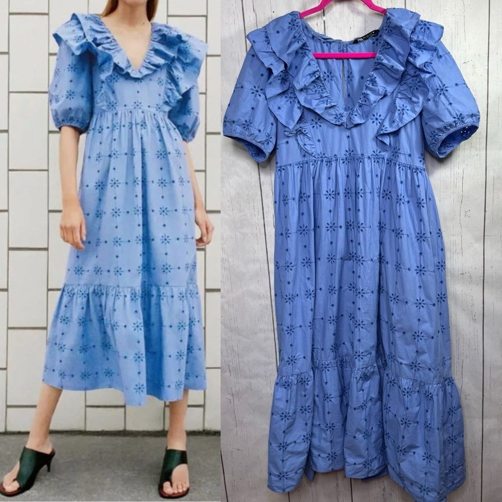Zara Blue Eyelet Ruffle Babydoll Midi Dress Cottagecore Boho L Milkmaid Romantic